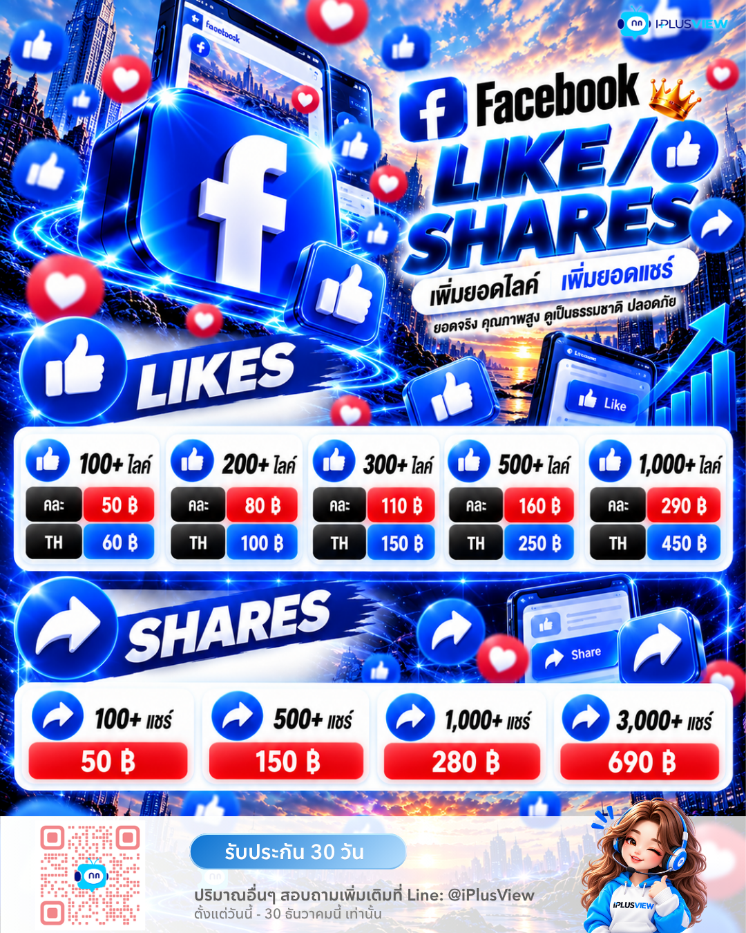 ตารางราคาแพ็กเกจบริการเพิ่มยอดไลค์และแชร์โพสต์ Facebook สร้างการมีส่วนร่วม